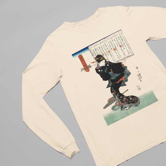 Japanese Woman & Book VTG Ukyio-e Print Long Sleeve Graphic Tee T-shirt S M L XL - Picture 2 of 6
